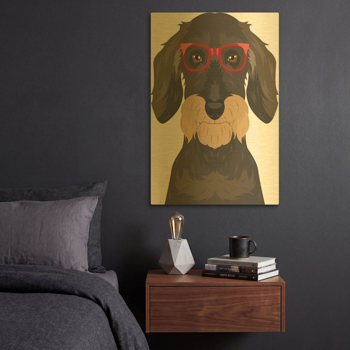 'Wire Haired Dachshund Wearing Hipster Glasses' By Furbaby Affiliates Gold Metal Wall Art