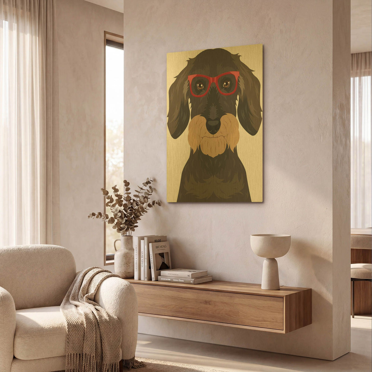 'Wire Haired Dachshund Wearing Hipster Glasses' By Furbaby Affiliates Gold Metal Wall Art