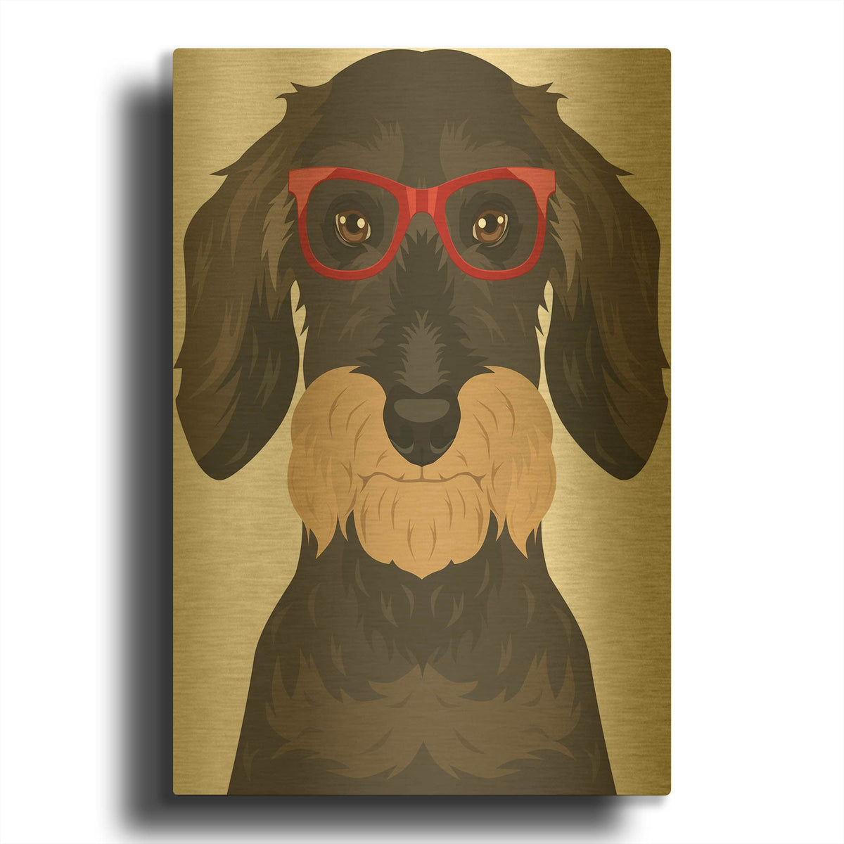 'Wire Haired Dachshund Wearing Hipster Glasses' By Furbaby Affiliates Gold Metal Wall Art