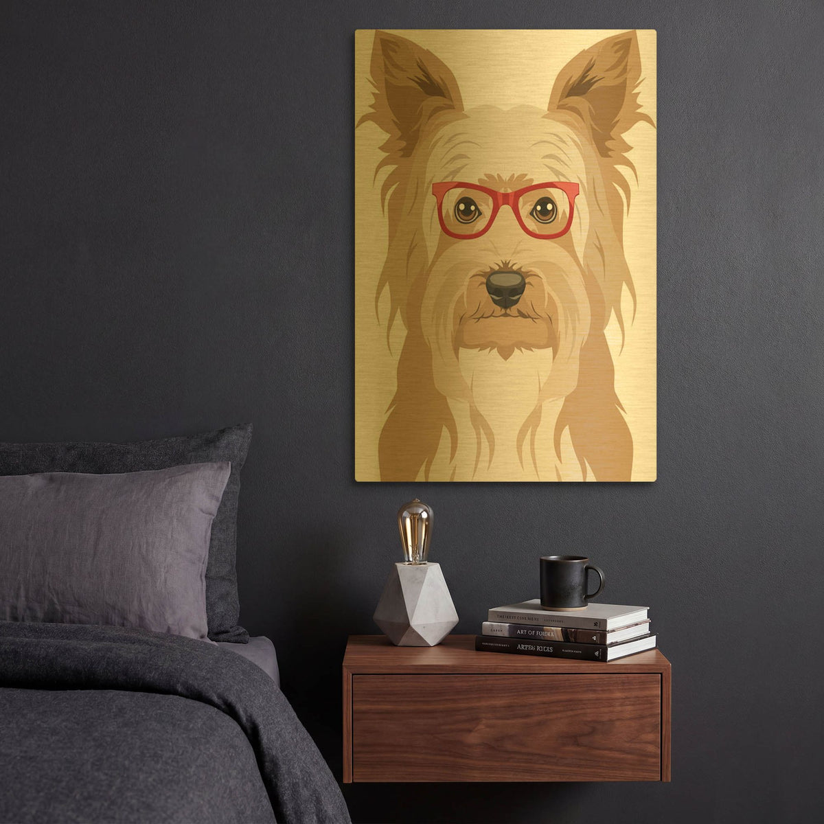 'Yorkshire Terrier Wearing Hipster Glasses' By Furbaby Affiliates Gold Metal Wall Art