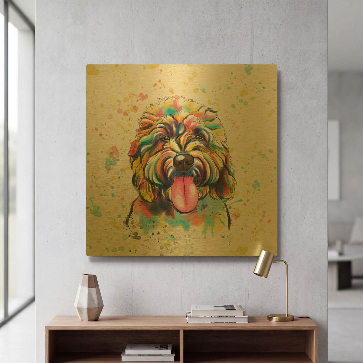 'Colorful Watercolor Goldendoodle 4' By Furbaby Affiliates Gold Metal Wall Art