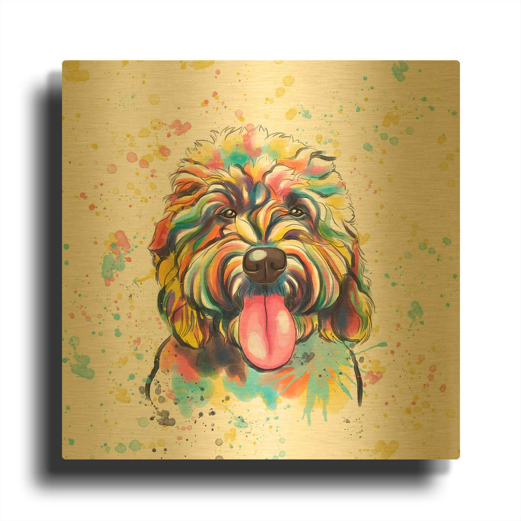 'Colorful Watercolor Goldendoodle 4' By Furbaby Affiliates Gold Metal Wall Art