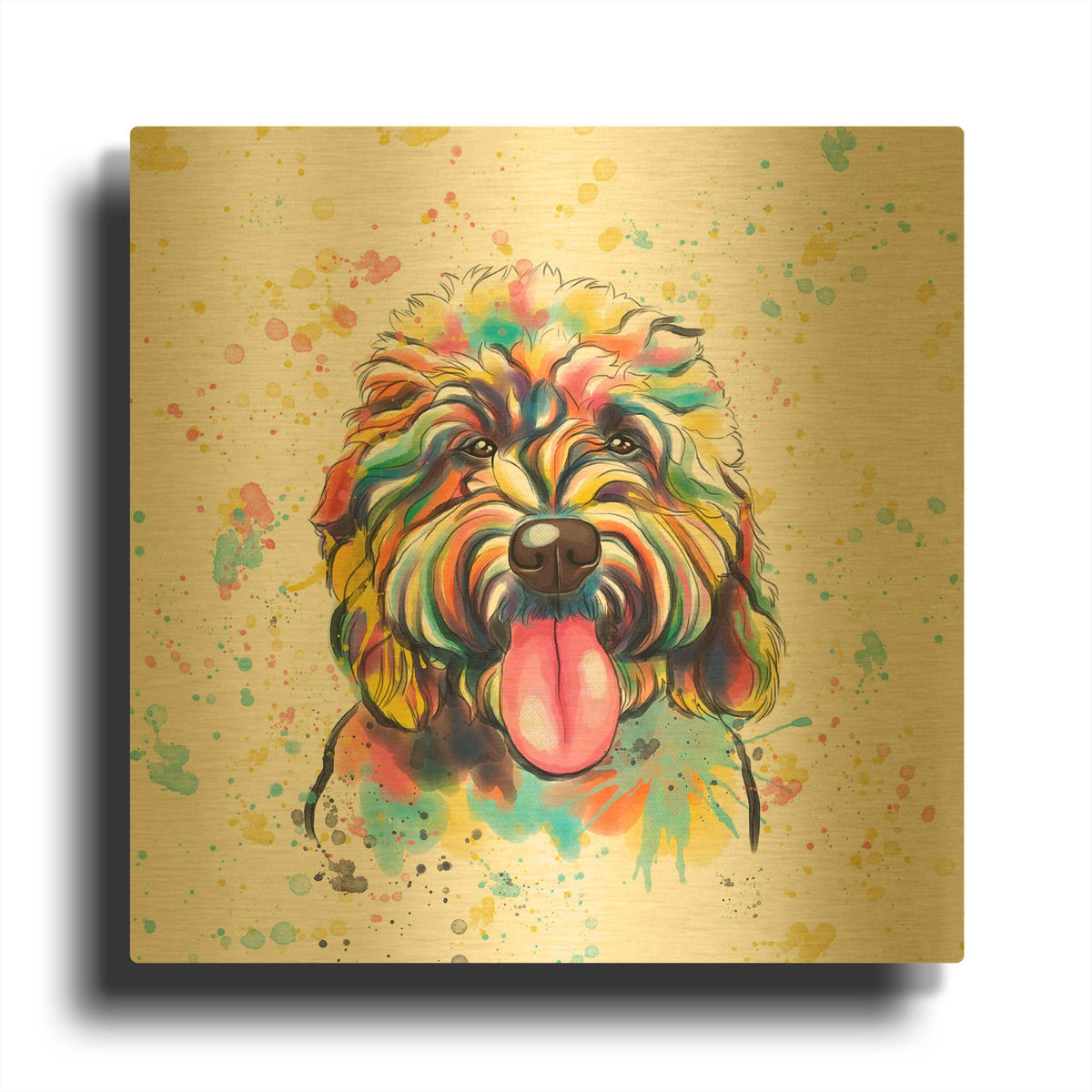 'Colorful Watercolor Goldendoodle 4' By Furbaby Affiliates Gold Metal Wall Art