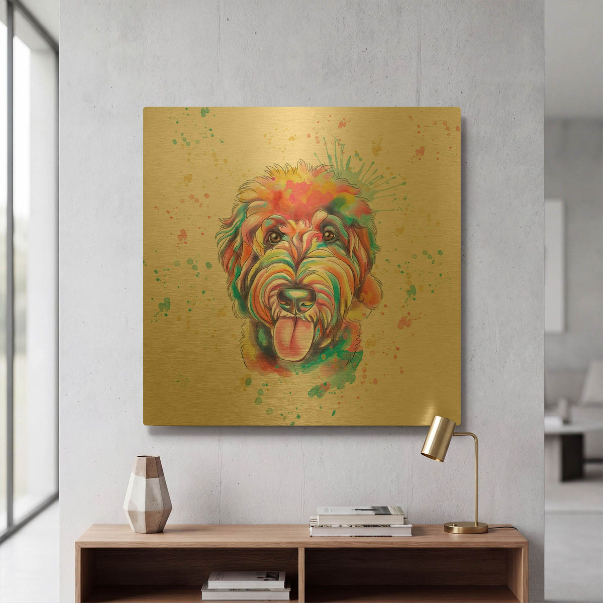 'Colorful Watercolor Goldendoodle' By Furbaby Affiliates Gold Metal Wall Art