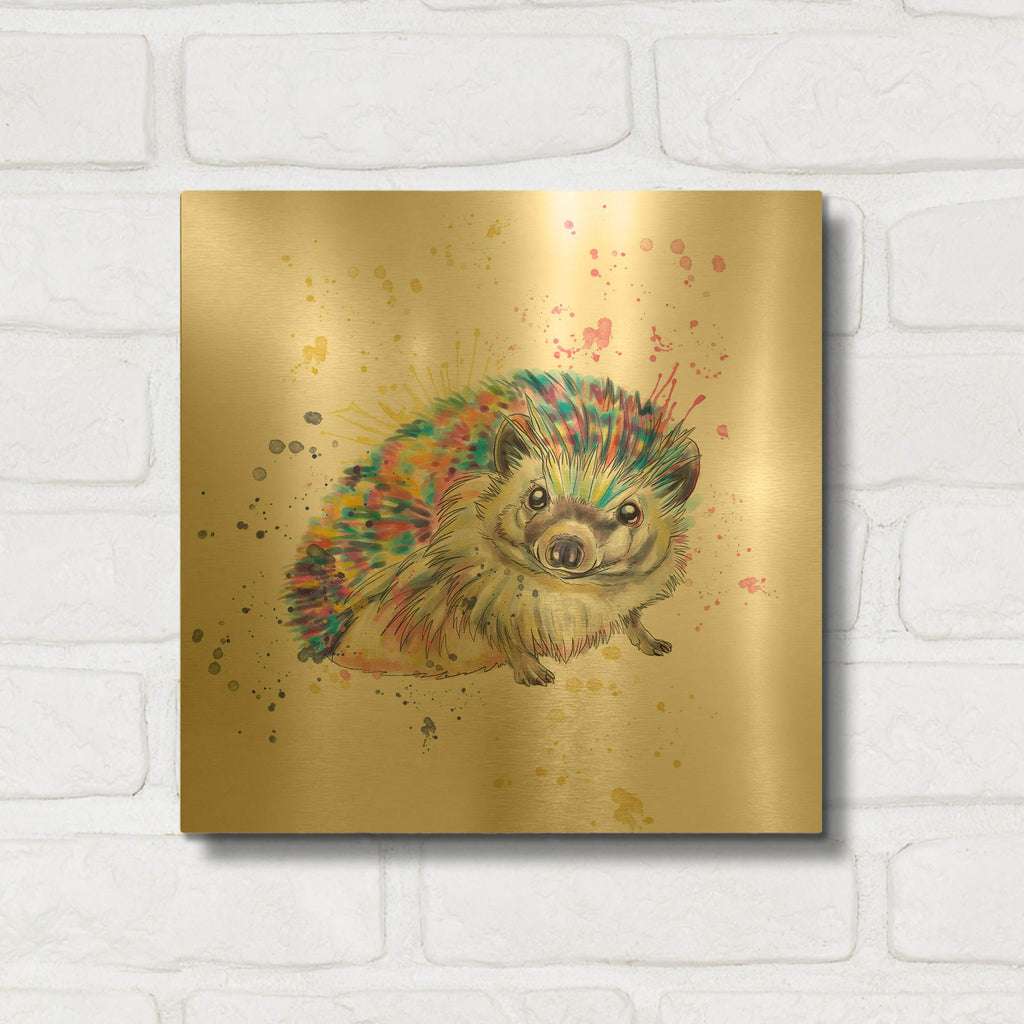 'Colorful Watercolor Hedgehog' By Furbaby Affiliates Gold Metal Wall Art