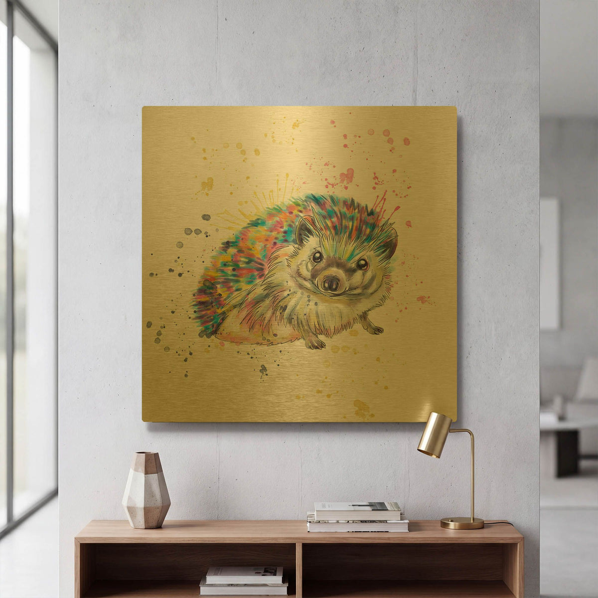 'Colorful Watercolor Hedgehog' By Furbaby Affiliates Gold Metal Wall Art