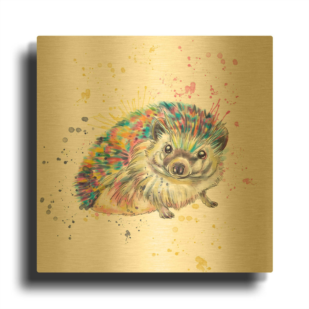 'Colorful Watercolor Hedgehog' By Furbaby Affiliates Gold Metal Wall Art