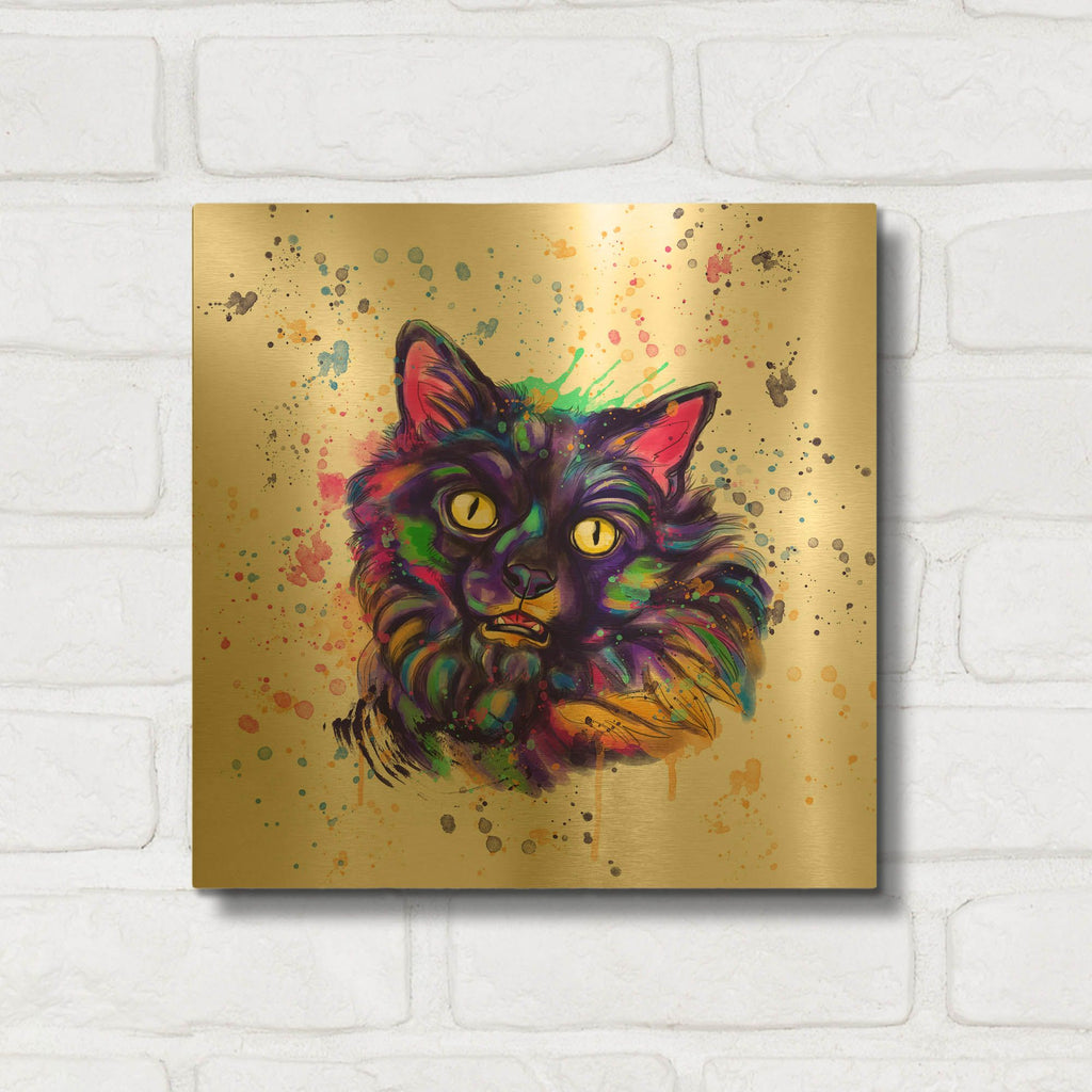 'Colorful Watercolor Long Haired Cat' By Furbaby Affiliates Gold Metal Wall Art