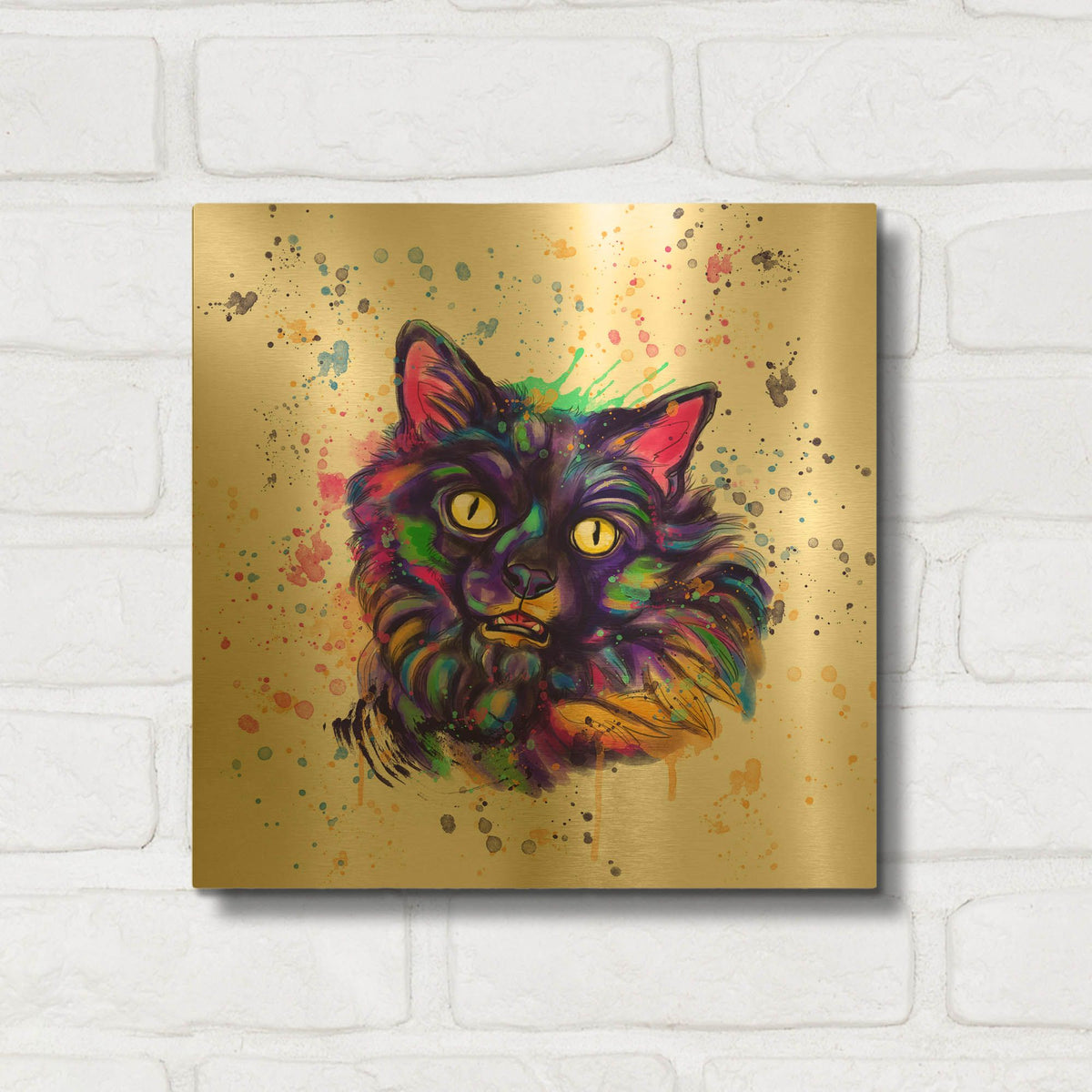 'Colorful Watercolor Long Haired Cat' By Furbaby Affiliates Gold Metal Wall Art