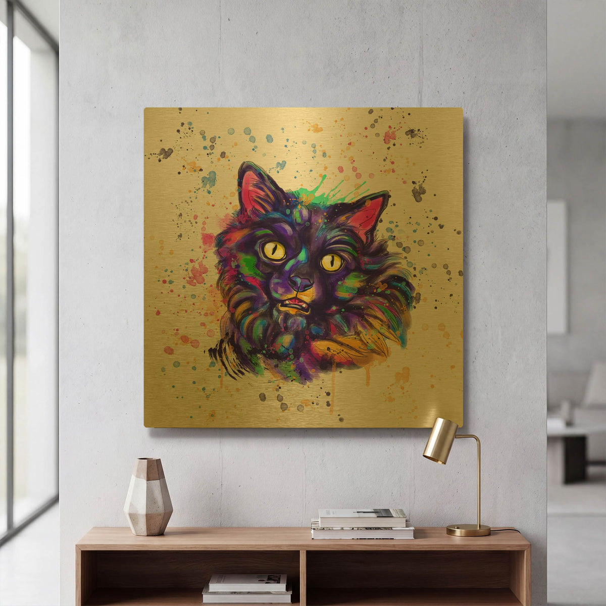 'Colorful Watercolor Long Haired Cat' By Furbaby Affiliates Gold Metal Wall Art