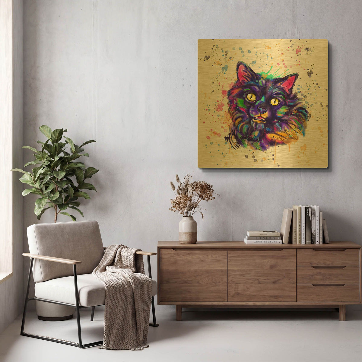'Colorful Watercolor Long Haired Cat' By Furbaby Affiliates Gold Metal Wall Art