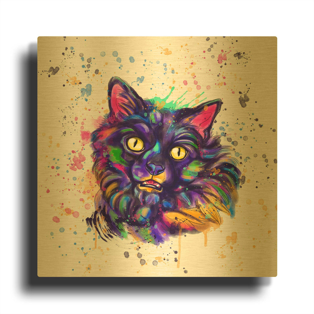 'Colorful Watercolor Long Haired Cat' By Furbaby Affiliates Gold Metal Wall Art