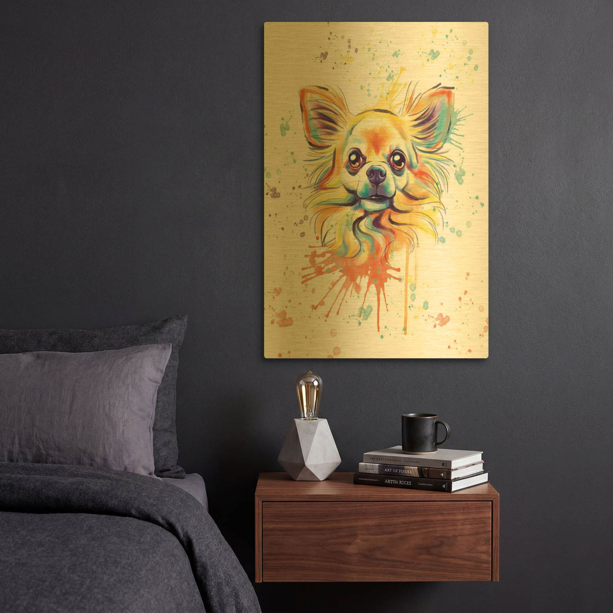 'Colorful Watercolor Long Haired Chihuahua' By Furbaby Affiliates Gold Metal Wall Art