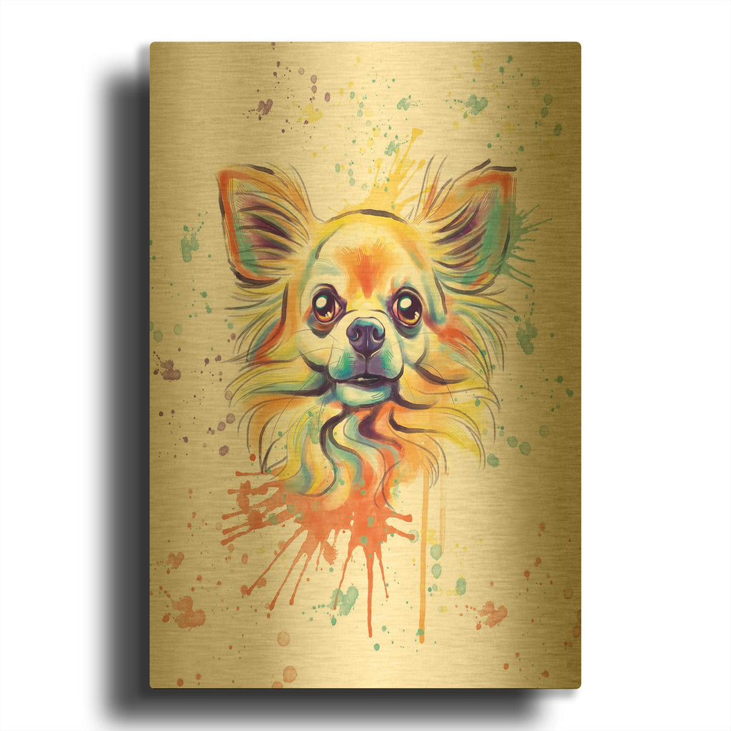 'Colorful Watercolor Long Haired Chihuahua' By Furbaby Affiliates Gold Metal Wall Art