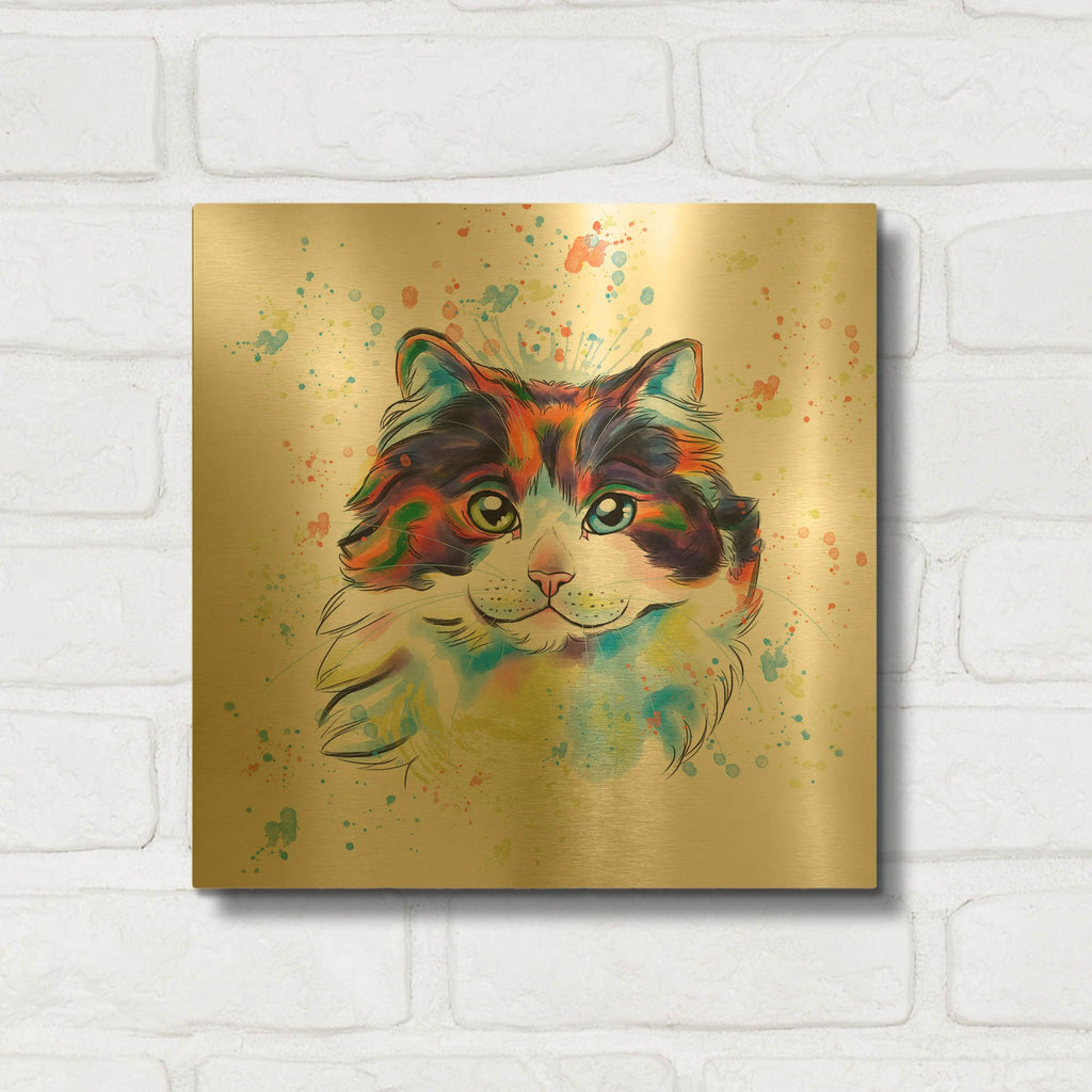 'Colorful Watercolor Maine Coon Cat' By Furbaby Affiliates Gold Metal Wall Art
