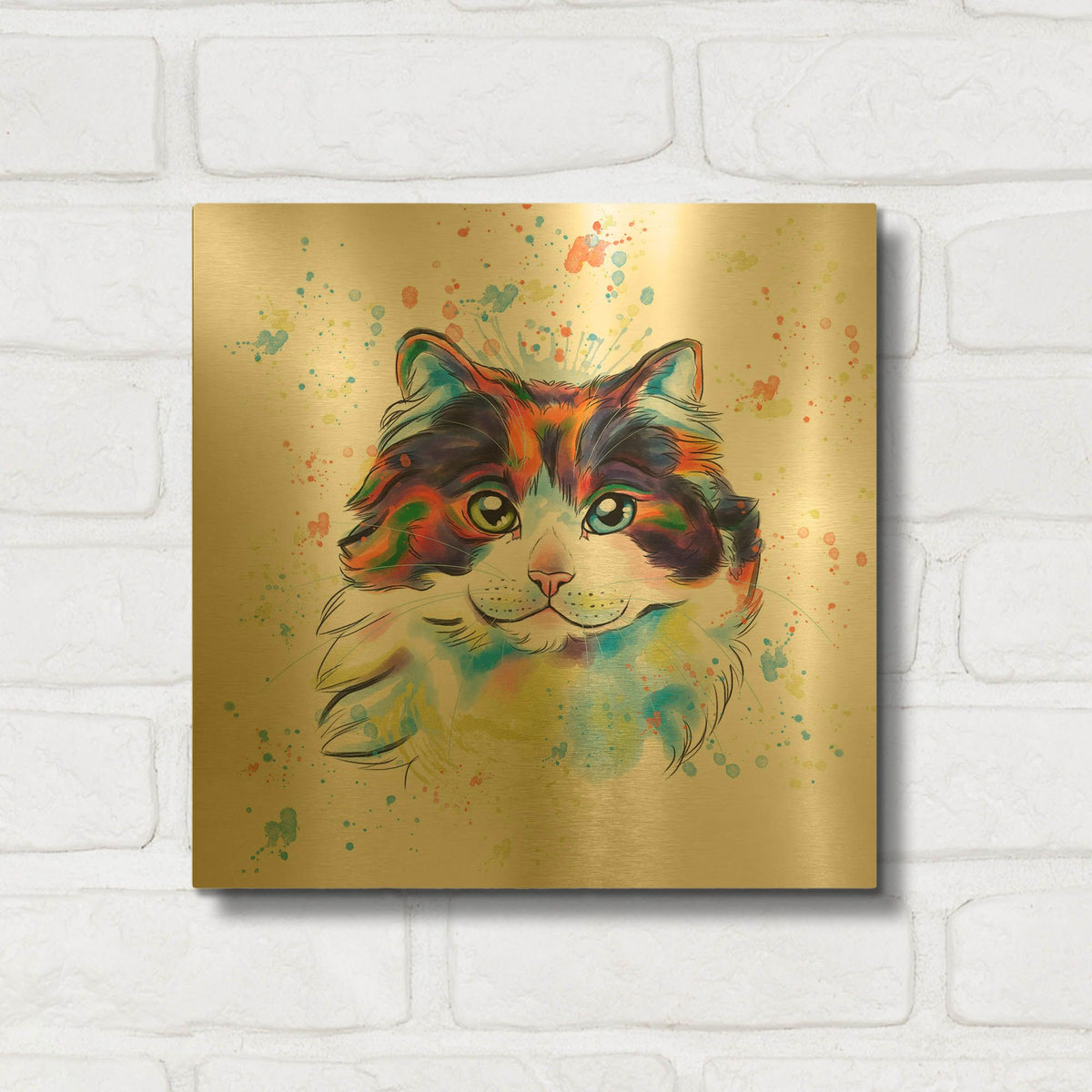 'Colorful Watercolor Maine Coon Cat' By Furbaby Affiliates Gold Metal Wall Art