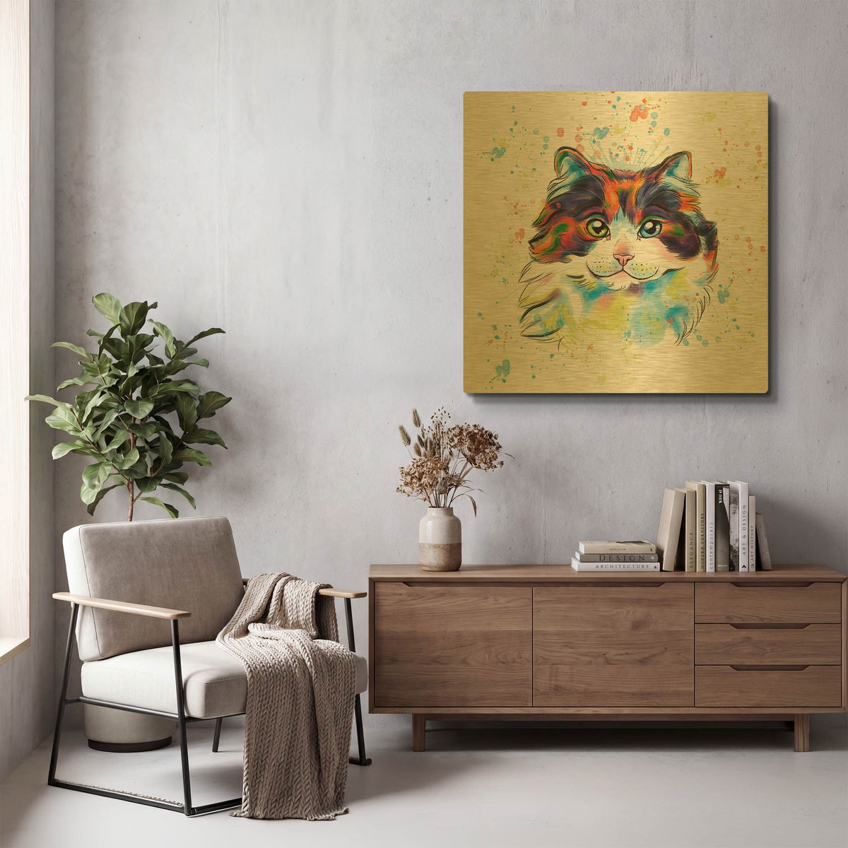 'Colorful Watercolor Maine Coon Cat' By Furbaby Affiliates Gold Metal Wall Art