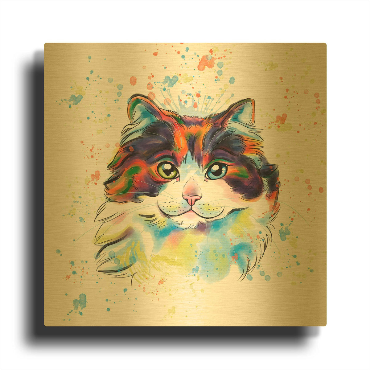 'Colorful Watercolor Maine Coon Cat' By Furbaby Affiliates Gold Metal Wall Art