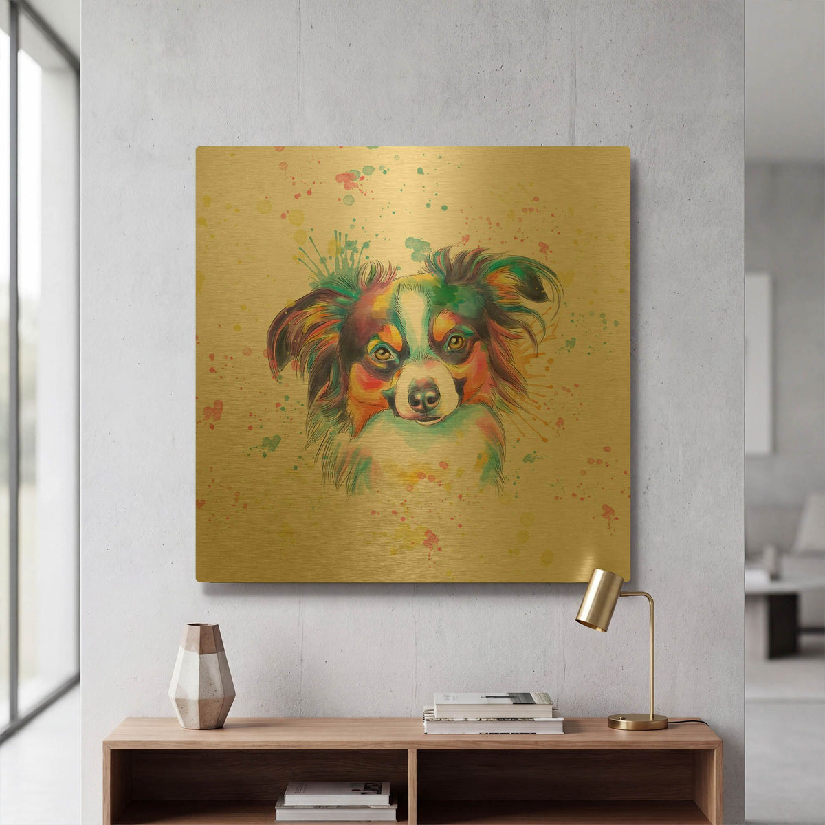 'Colorful Watercolor Papillon' By Furbaby Affiliates Gold Metal Wall Art