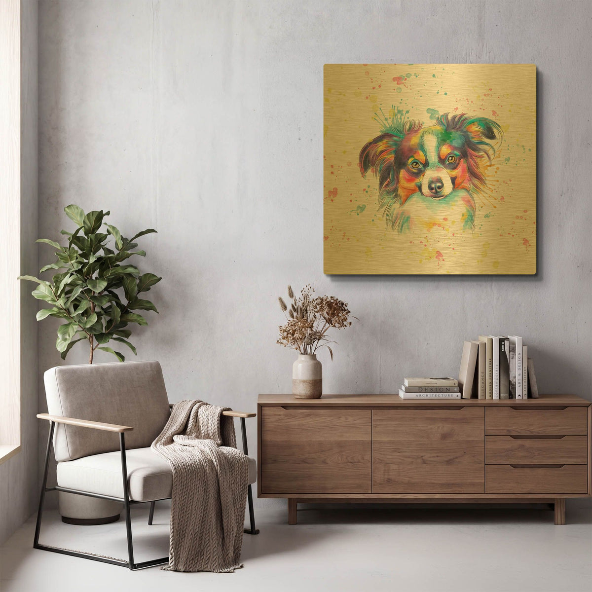 'Colorful Watercolor Papillon' By Furbaby Affiliates Gold Metal Wall Art