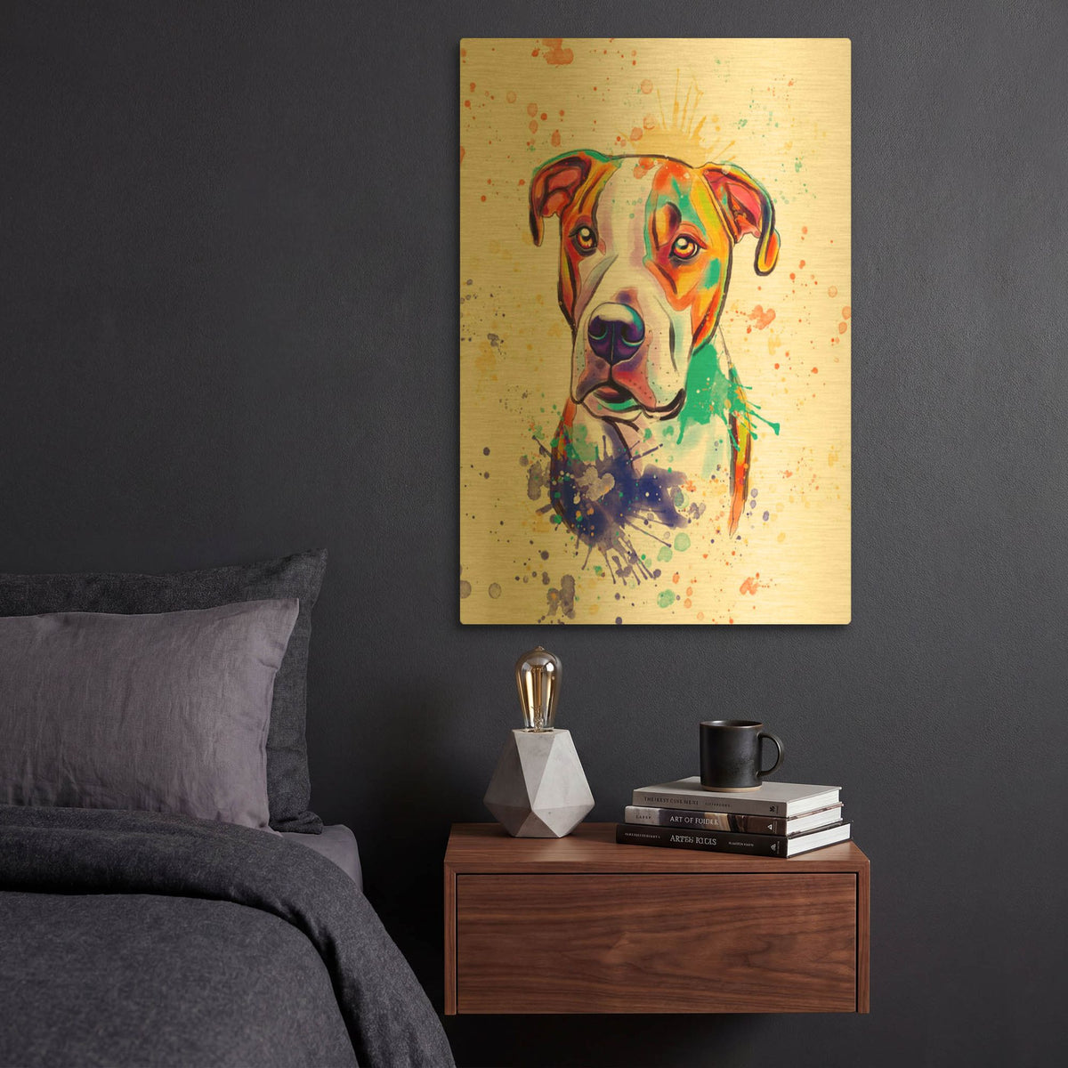 'Colorful Watercolor Pit Bull 2' By Furbaby Affiliates Gold Metal Wall Art