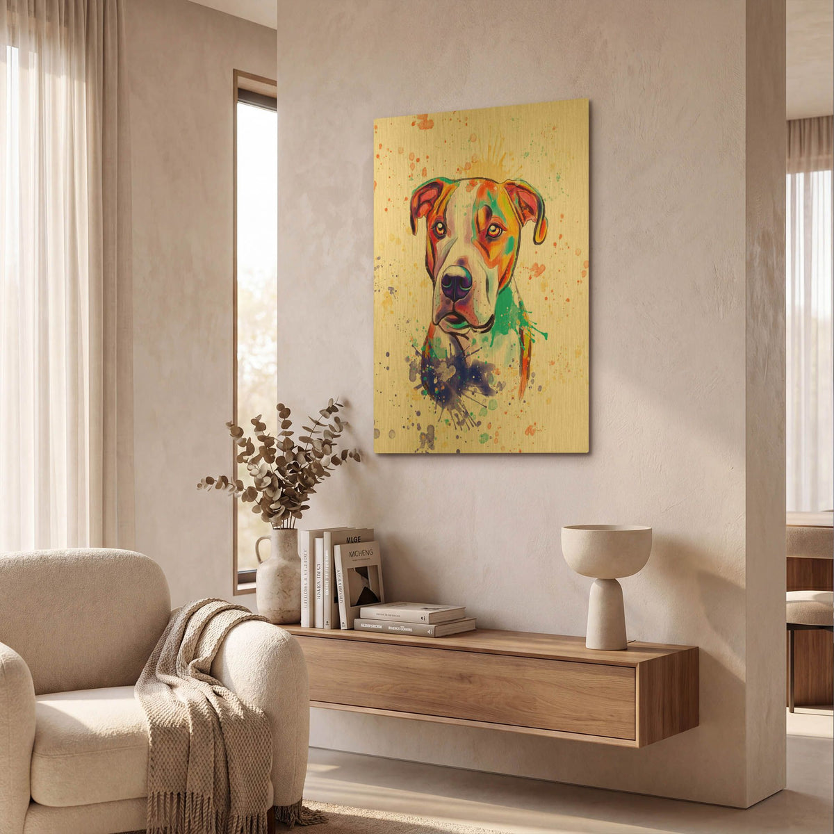 'Colorful Watercolor Pit Bull 2' By Furbaby Affiliates Gold Metal Wall Art