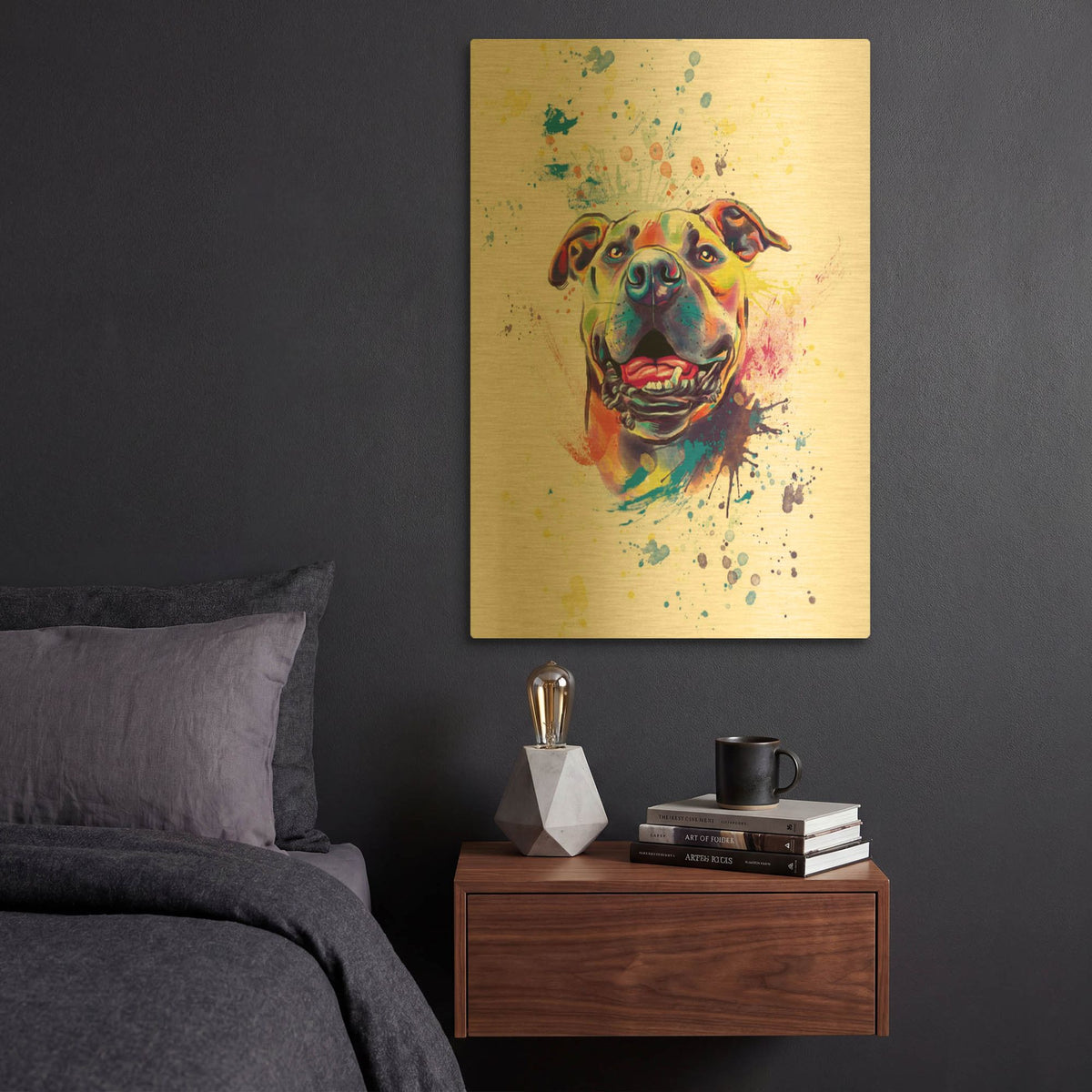 'Colorful Watercolor Pit Bull' By Furbaby Affiliates Gold Metal Wall Art