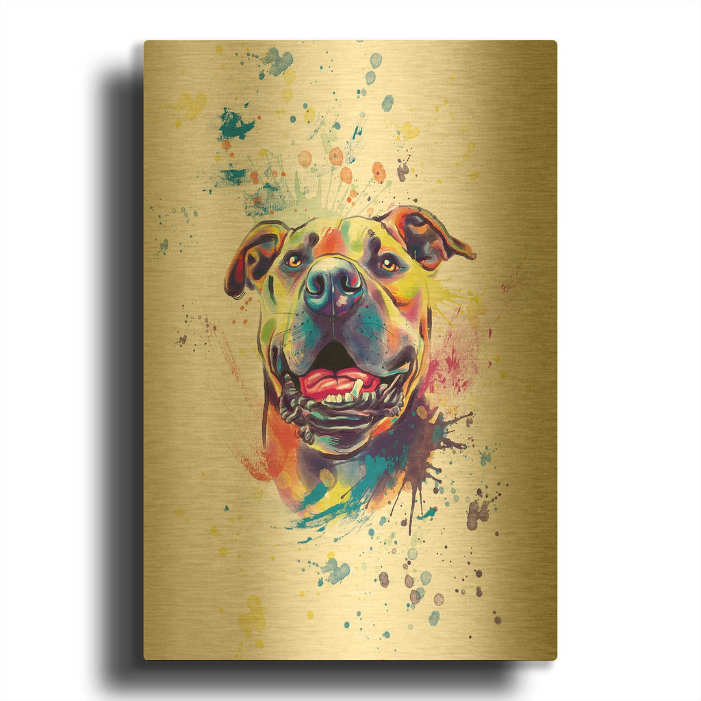 'Colorful Watercolor Pit Bull' By Furbaby Affiliates Gold Metal Wall Art