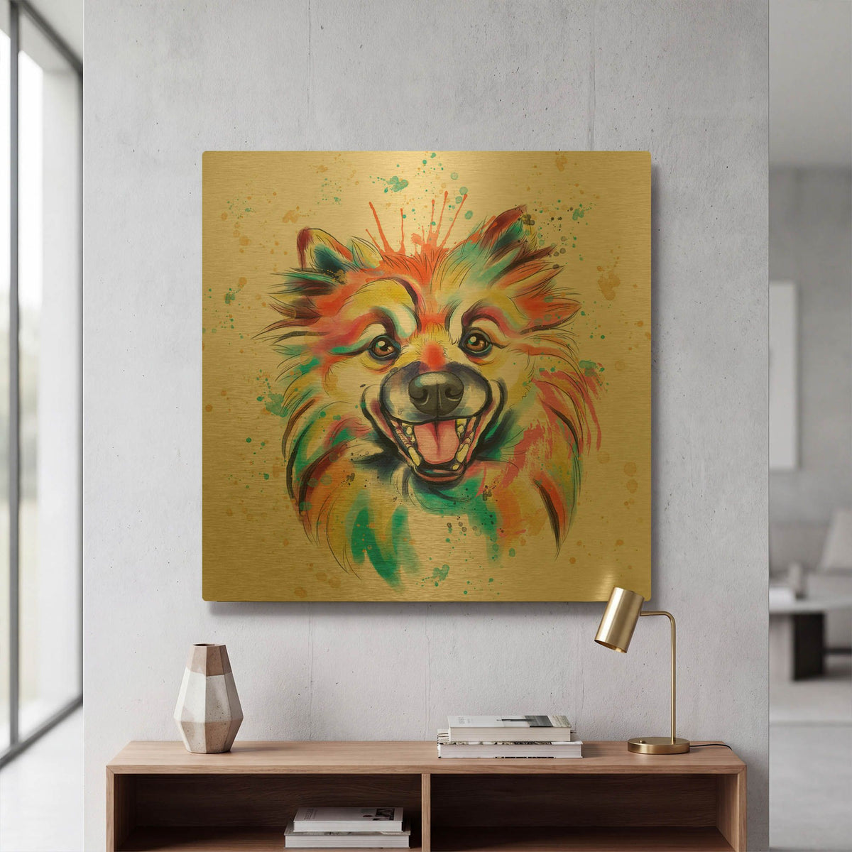 'Colorful Watercolor Pomeranian' By Furbaby Affiliates Gold Metal Wall Art