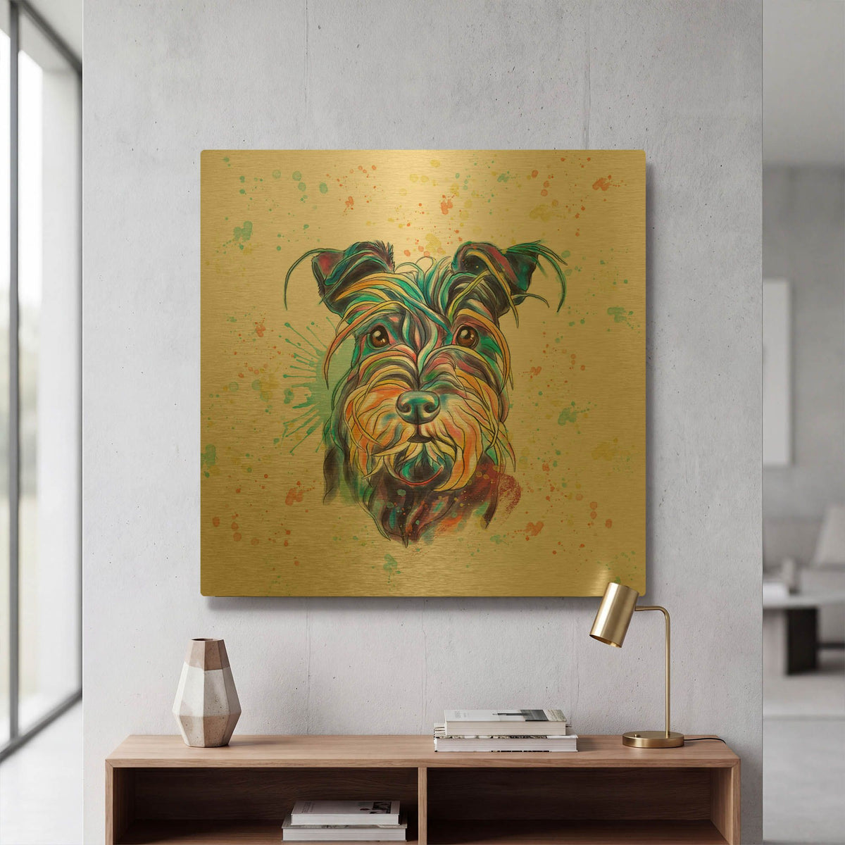 'Colorful Watercolor Schnauzer' By Furbaby Affiliates Gold Metal Wall Art