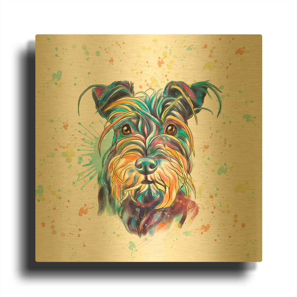 'Colorful Watercolor Schnauzer' By Furbaby Affiliates Gold Metal Wall Art