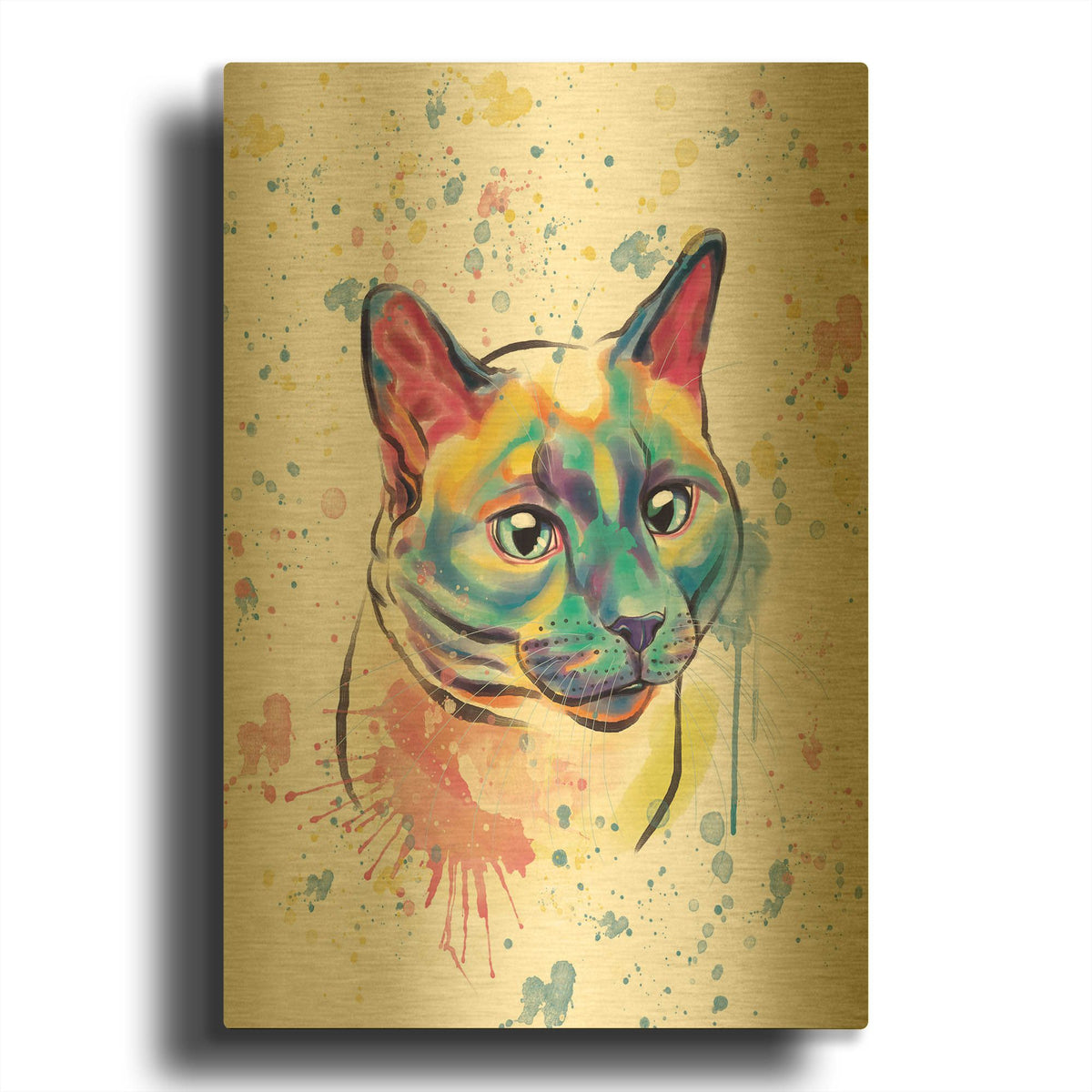 'Colorful Watercolor Siamese Cat' By Furbaby Affiliates Gold Metal Wall Art