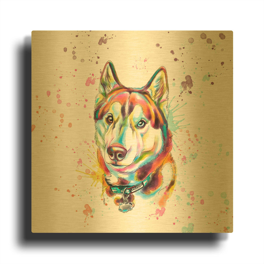 'Colorful Watercolor Siberian Husky' By Furbaby Affiliates Gold Metal Wall Art