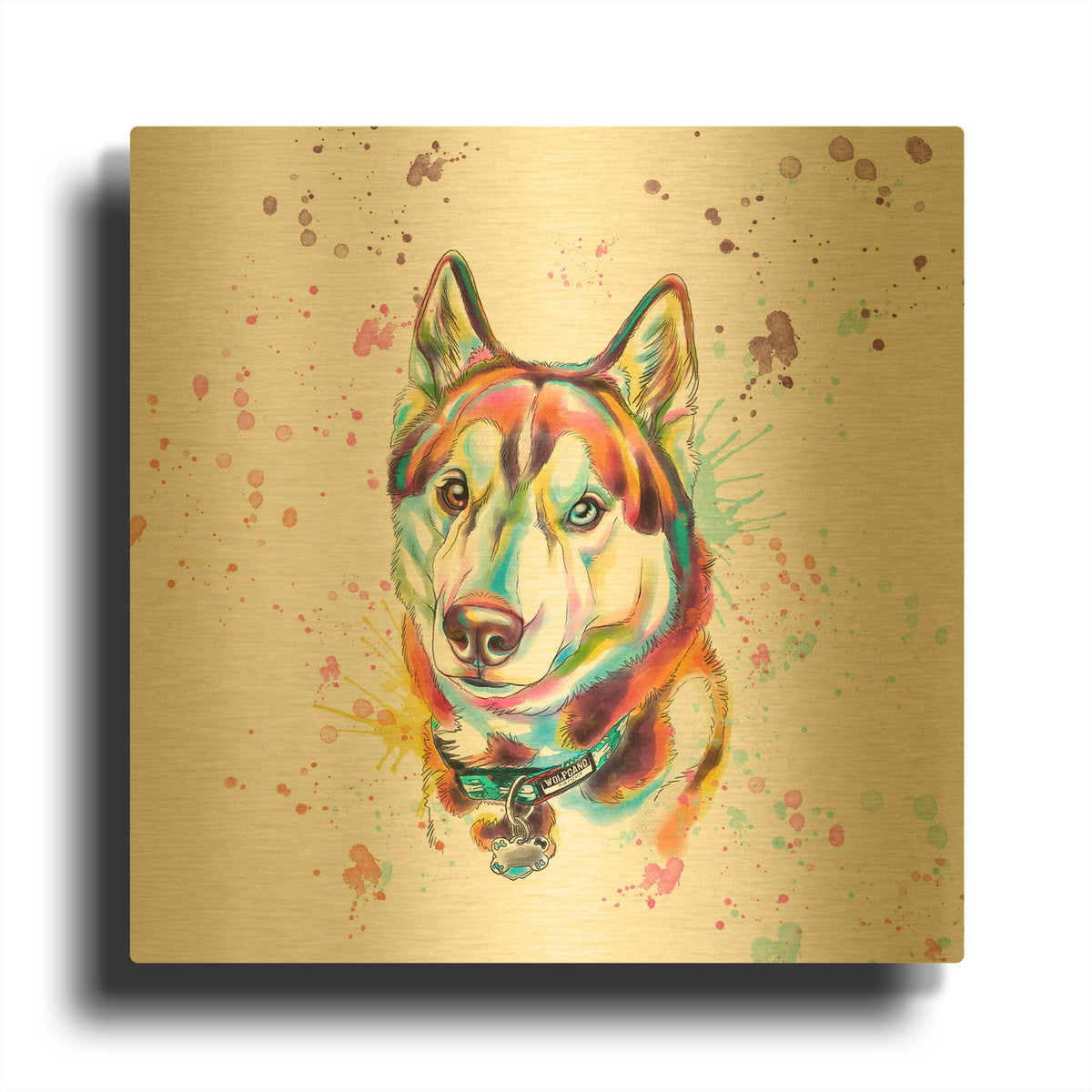 'Colorful Watercolor Siberian Husky' By Furbaby Affiliates Gold Metal Wall Art
