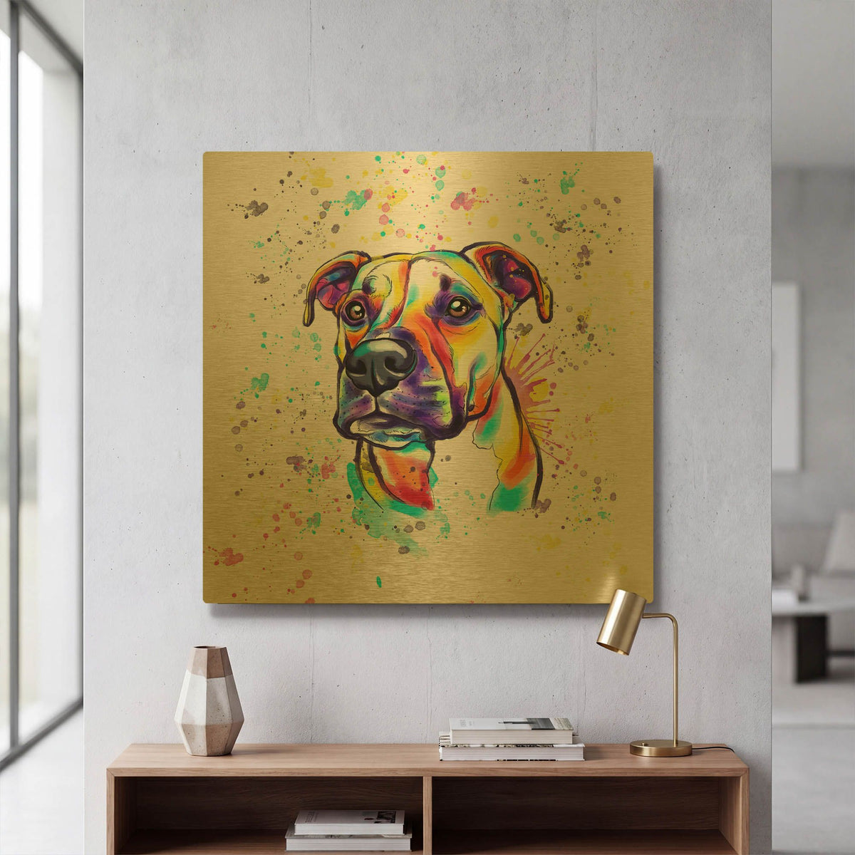 'Colorful Watercolor Staffordshire Terrier 2' By Furbaby Affiliates Gold Metal Wall Art