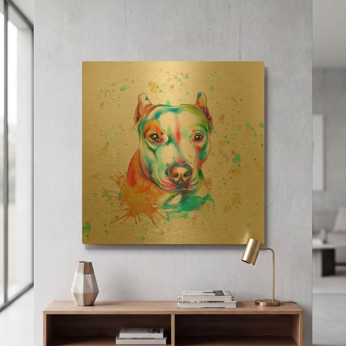 'Colorful Watercolor Staffordshire Terrier' By Furbaby Affiliates Gold Metal Wall Art
