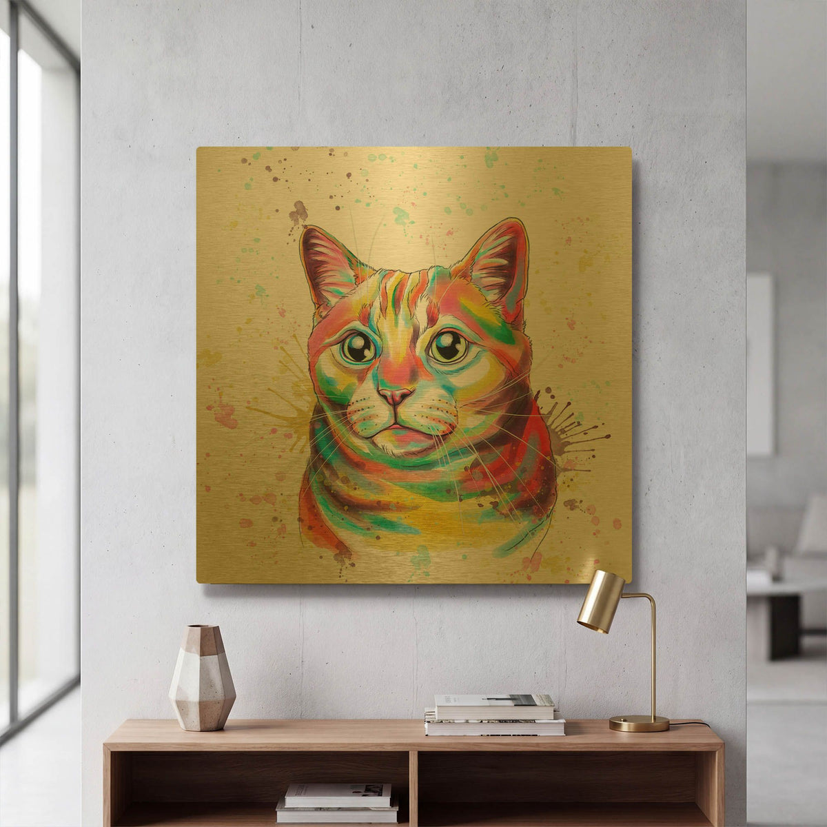 'Colorful Watercolor Tabby Cat 2' By Furbaby Affiliates Gold Metal Wall Art