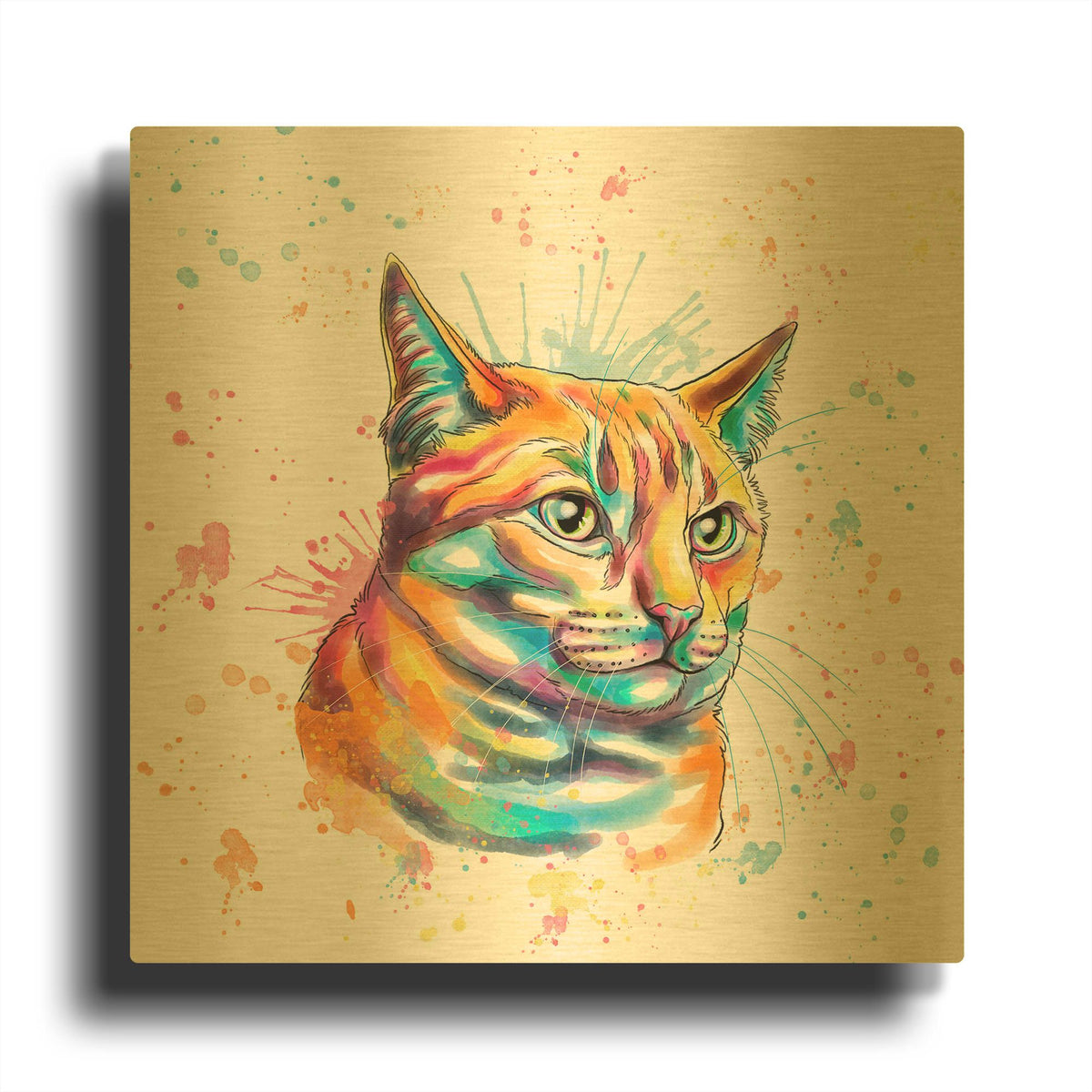 'Colorful Watercolor Tabby Cat' By Furbaby Affiliates Gold Metal Wall Art
