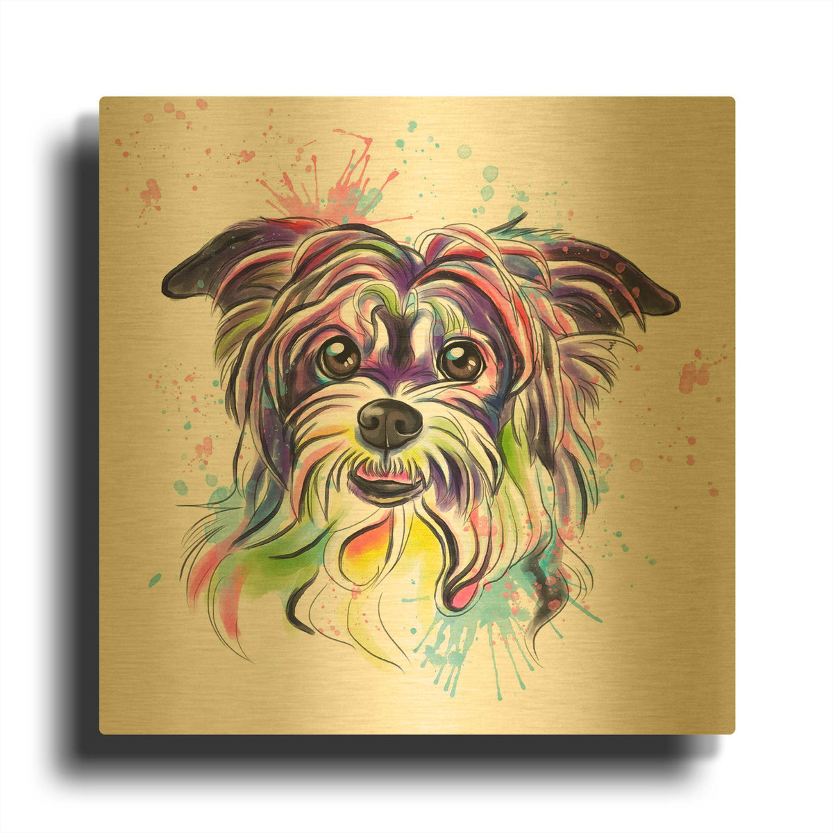 'Colorful Watercolor Yorkshire Terrier' By Furbaby Affiliates Gold Metal Wall Art