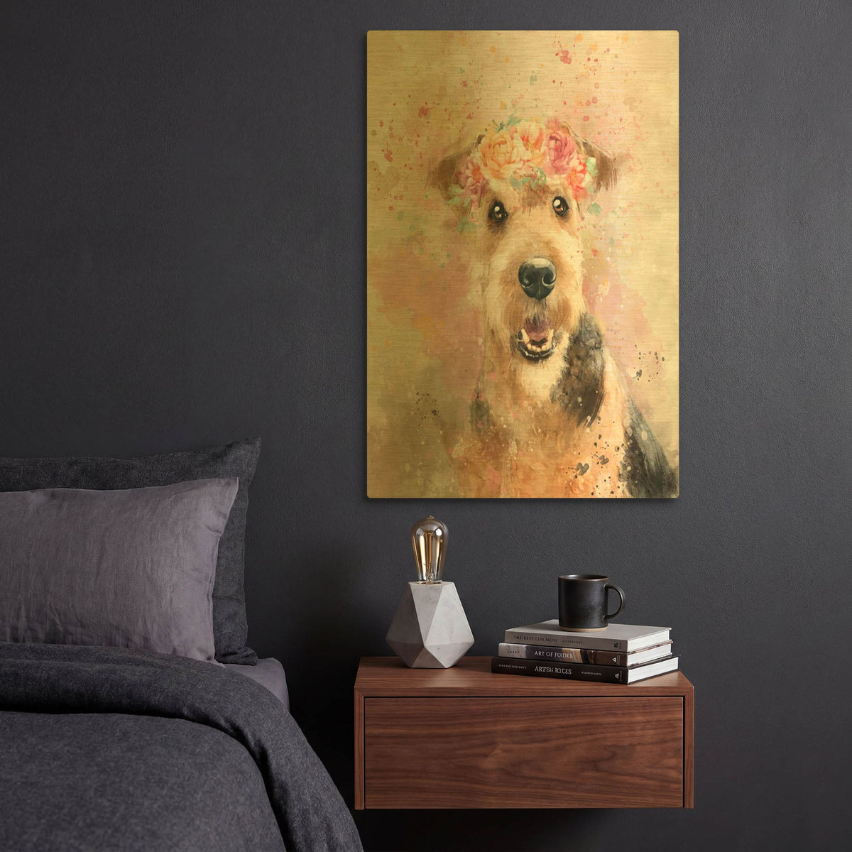 'Flower Crown Airedale Terrier' By Furbaby Affiliates Gold Metal Wall Art