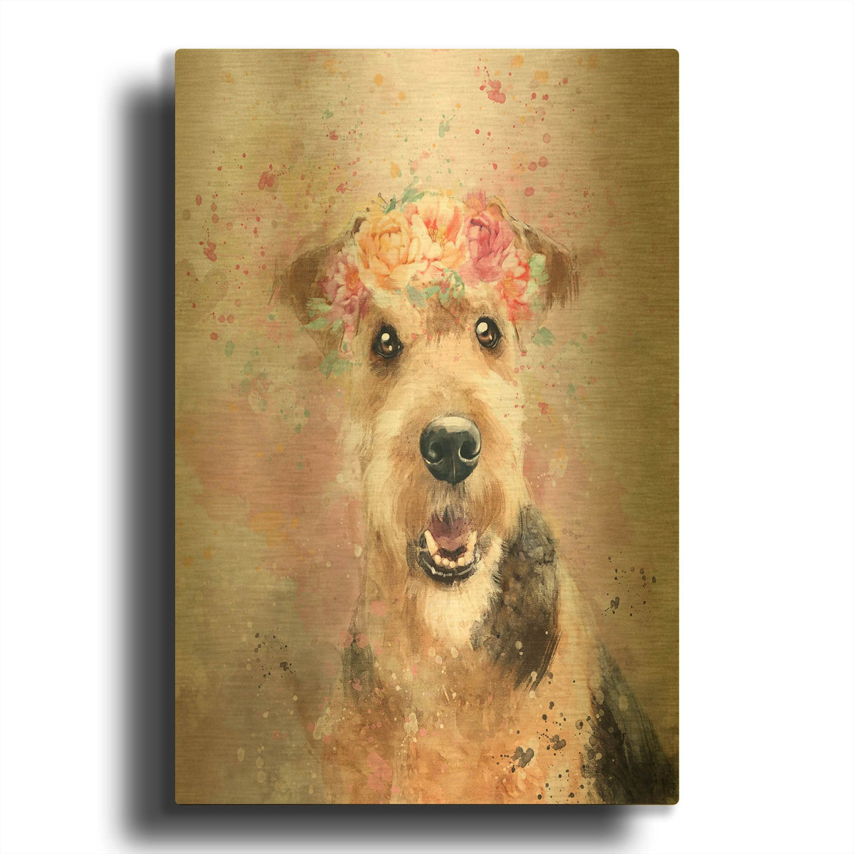 'Flower Crown Airedale Terrier' By Furbaby Affiliates Gold Metal Wall Art