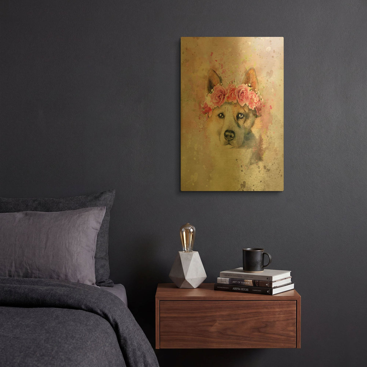 'Flower Crown Akita' By Furbaby Affiliates Gold Metal Wall Art