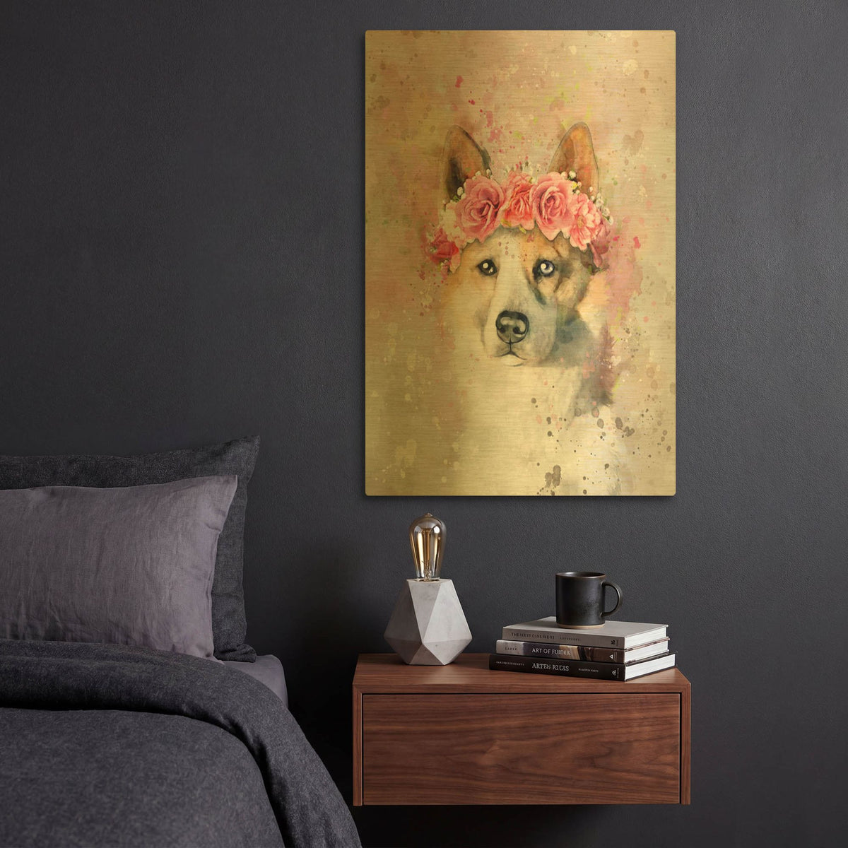 'Flower Crown Akita' By Furbaby Affiliates Gold Metal Wall Art