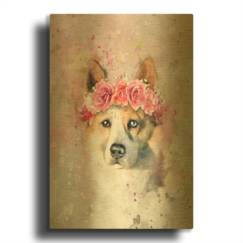 'Flower Crown Akita' By Furbaby Affiliates Gold Metal Wall Art
