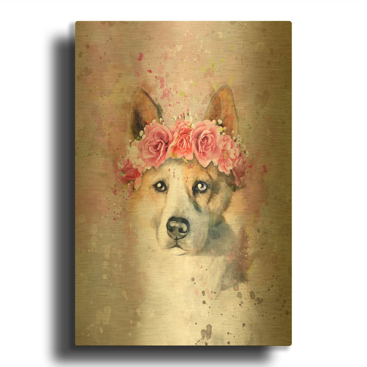 'Flower Crown Akita' By Furbaby Affiliates Gold Metal Wall Art