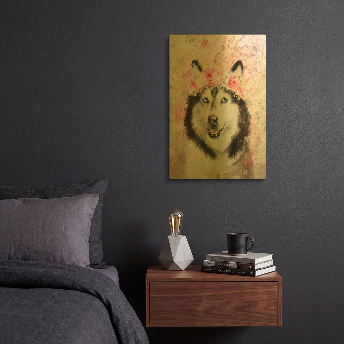 'Flower Crown Alaskan Malamute' By Furbaby Affiliates Gold Metal Wall Art