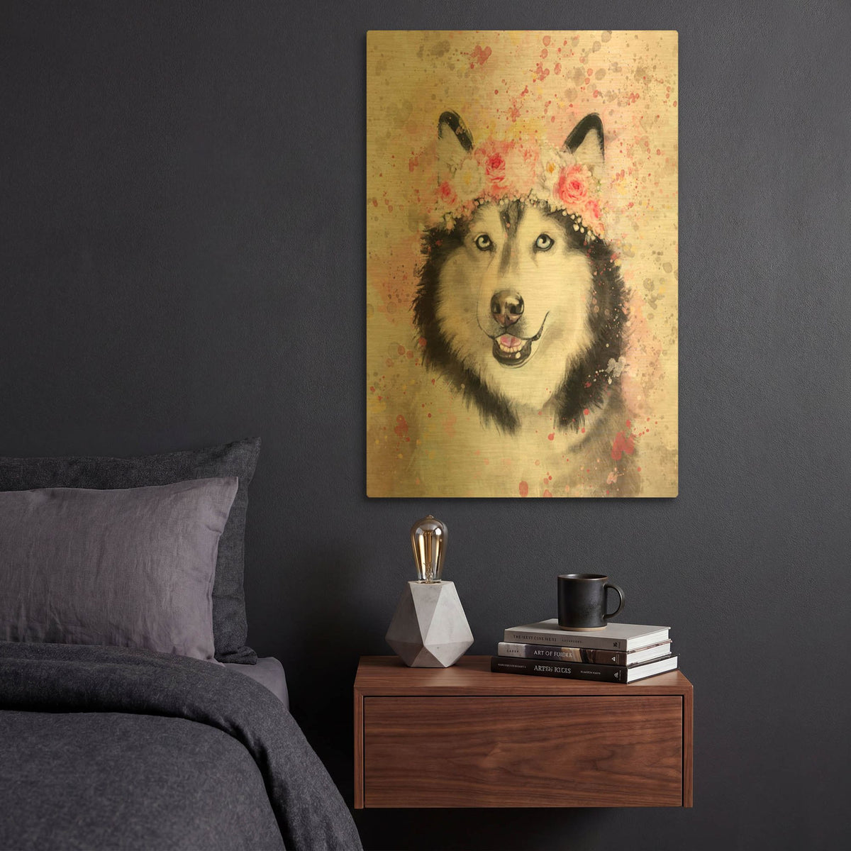 'Flower Crown Alaskan Malamute' By Furbaby Affiliates Gold Metal Wall Art