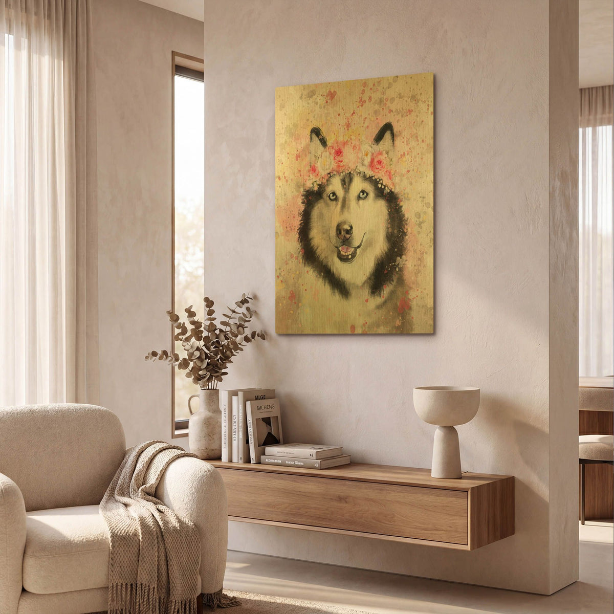 'Flower Crown Alaskan Malamute' By Furbaby Affiliates Gold Metal Wall Art