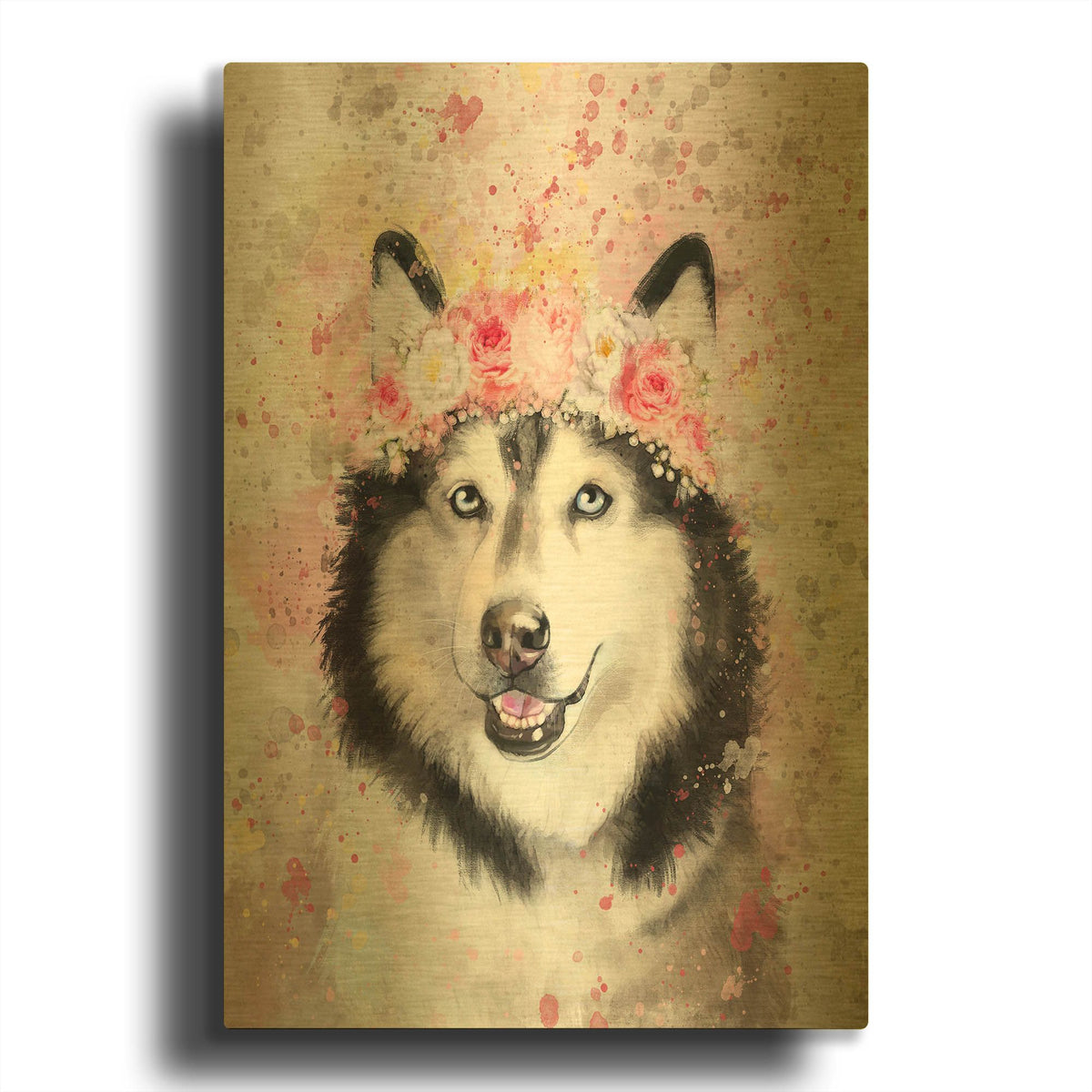 'Flower Crown Alaskan Malamute' By Furbaby Affiliates Gold Metal Wall Art