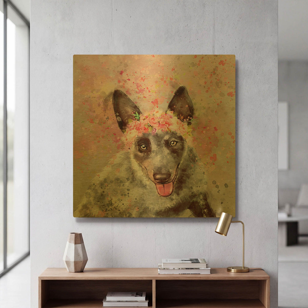 'Flower Crown Australian Cattle Dog 2' By Furbaby Affiliates Gold Metal Wall Art